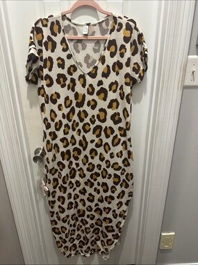 Leopard Print V-Neck Maxi Dress - Beige and Brown